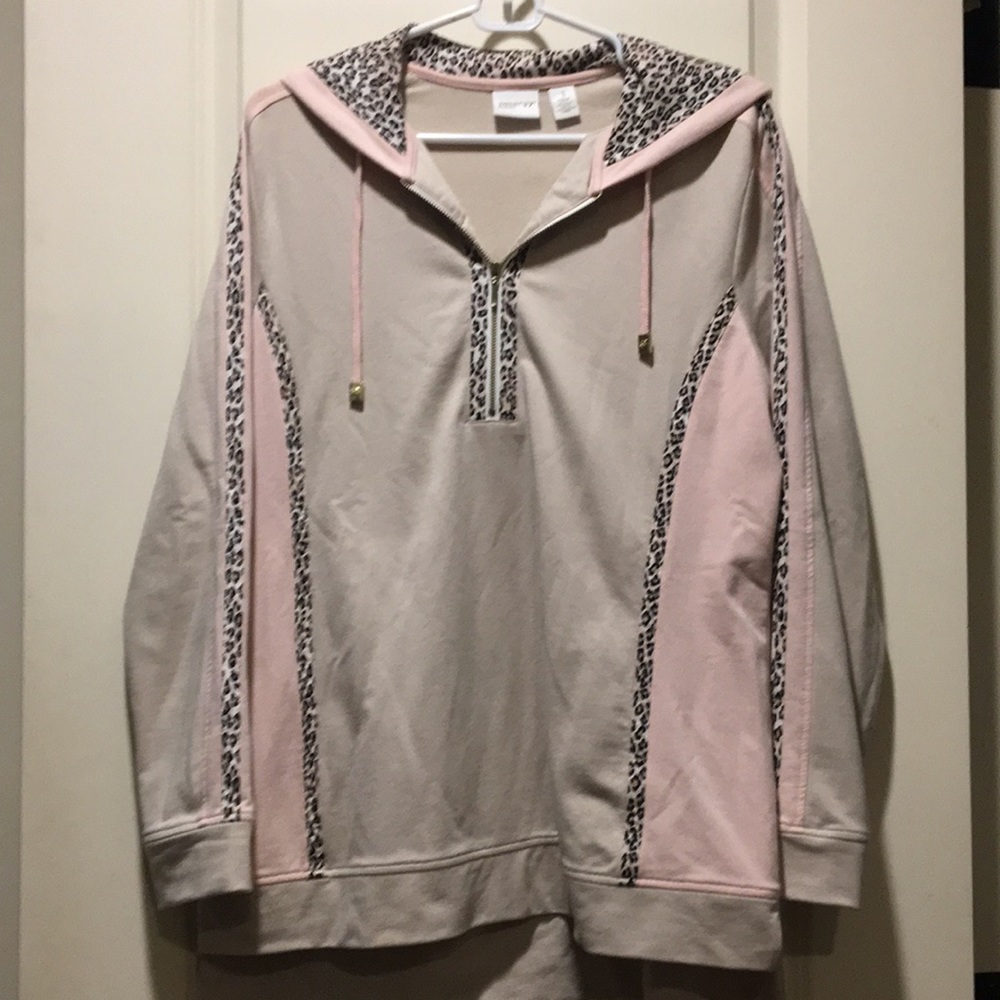 Chico’s 1/4 Zip pullover Hoodie animal print trim Sweatshirt jacket size M (1)
